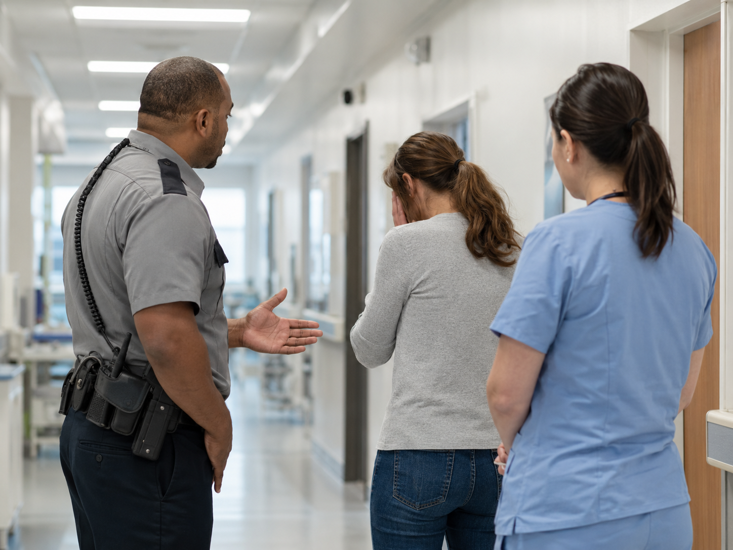 Hospital corridor conversation with distressed woman