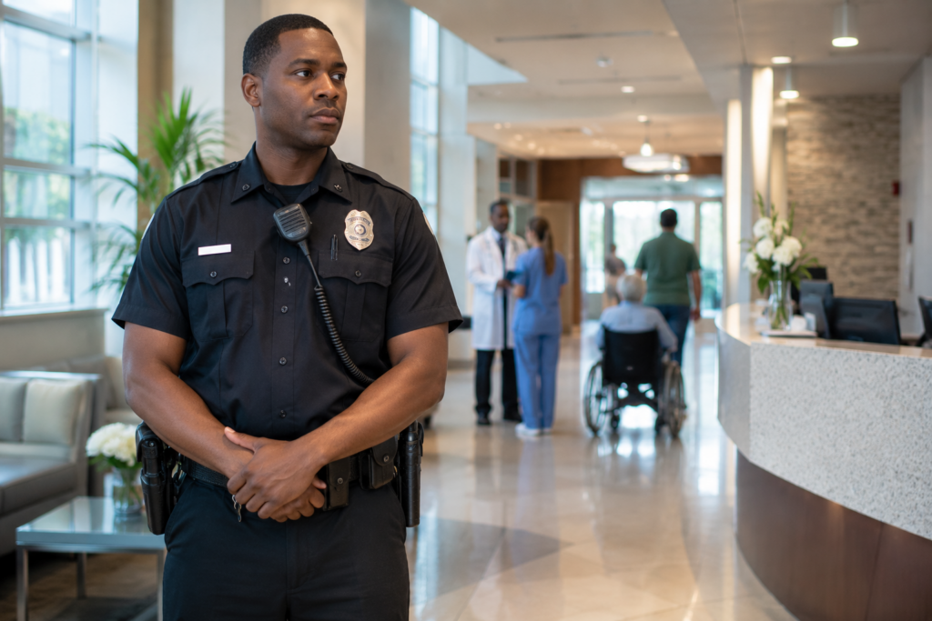 Hospital lobby with security presence