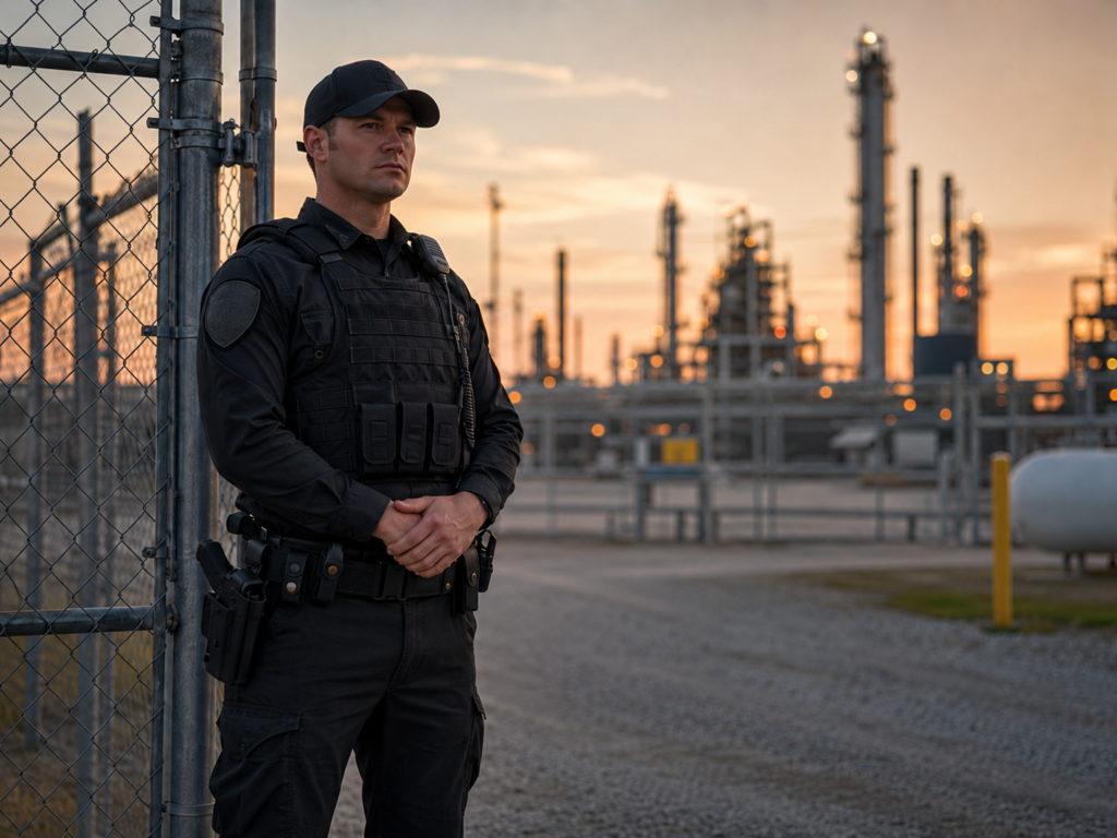 Security guard at industrial sunset shift
