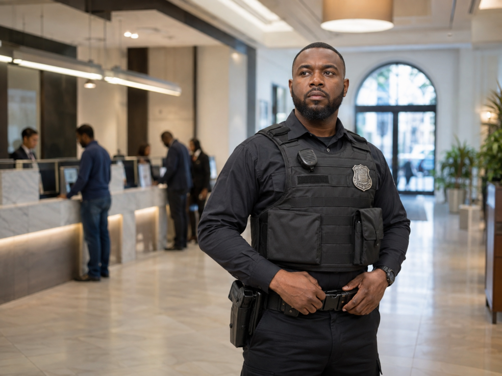 Security Guard in Modern Bank Lobby